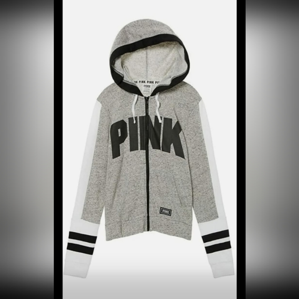 PINK VS Full Zip Colorblock Hoodie Gray, Blk & White